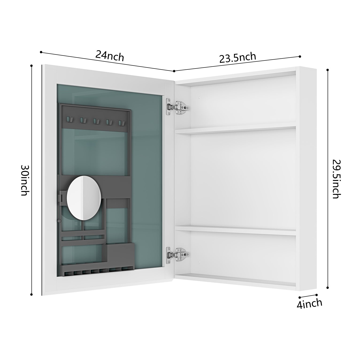 24'' W X 30'' H Bathroom Mirror Medicine Cabinet Wooden Door Medicine Cabinets For Bathroom, Wall Mounted Recessed Or Surface, Bathroom Mirror With Storage, Left Opening Door White Engineered Wood
