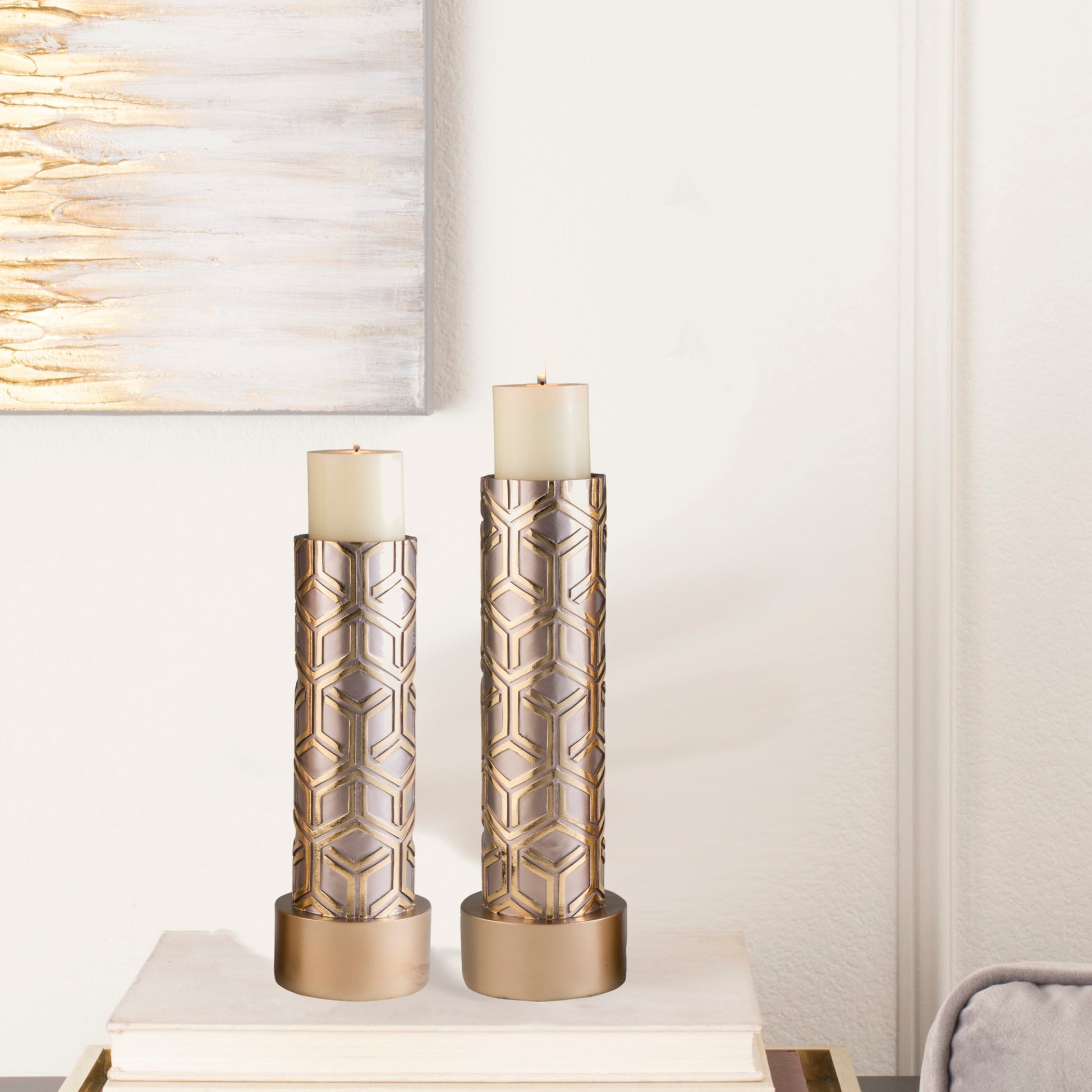 14" And 16" Tall Polyresin Candleholder, Golden Finish Set Of 2 Gold Polyresin