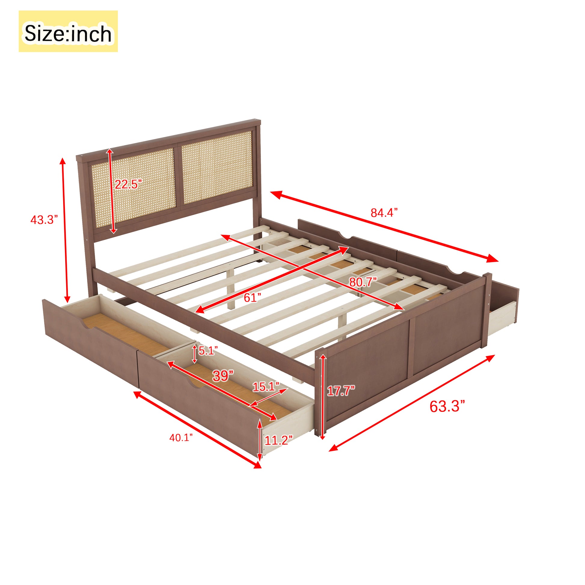 Queen Size Wood Storage Platform Bed With 4 Drawers, Rattan Headboard, Espresso Box Spring Not Required Queen Antique Espresso Wood Bedroom Bed Frame Wood Rattan