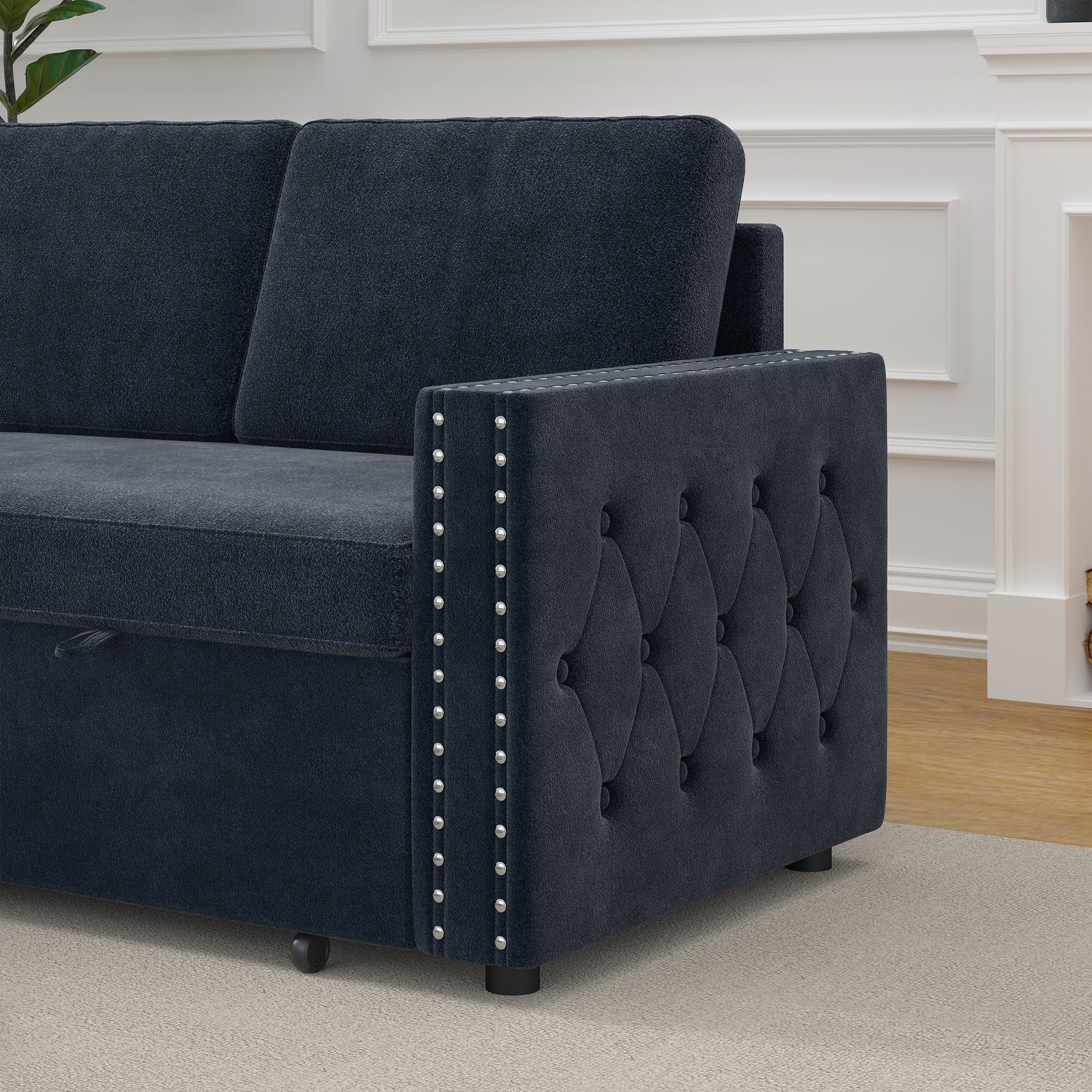 85 Inches Sofa Bed, 3 Seater Sleeper Sofa With Storage Chaise, Square Handrail With Pull And Copper Nail,Chenille, Pull Out Couch For Living Room Blue Chenille 3 Seat