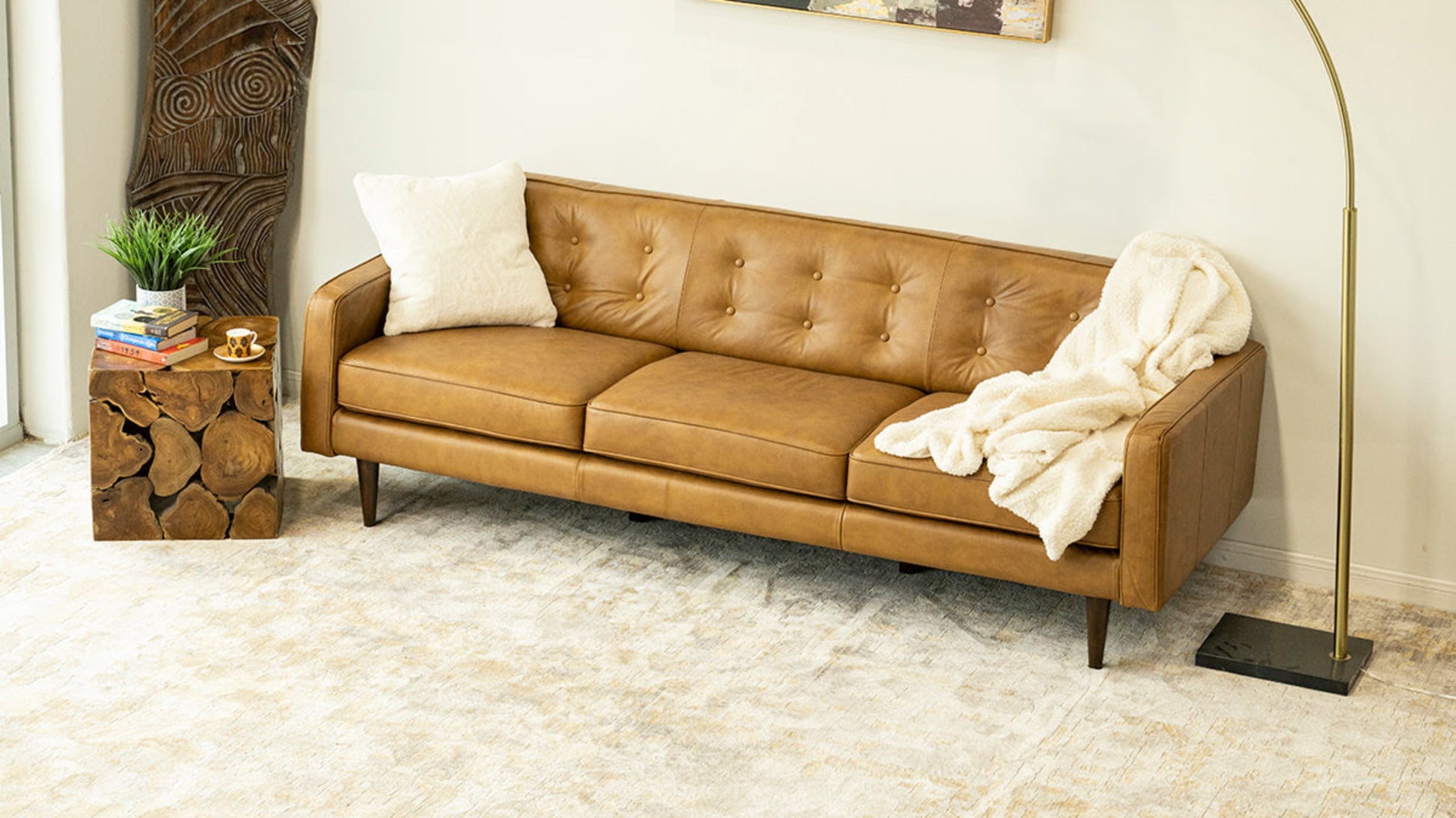 Braxton Tan Leather Sofa Brown,Tan Brown Genuine Leather Wood Primary Living Space Tufted Back Mid Century Modern Foam Genuine Leather,Solid Wood 3 Seat
