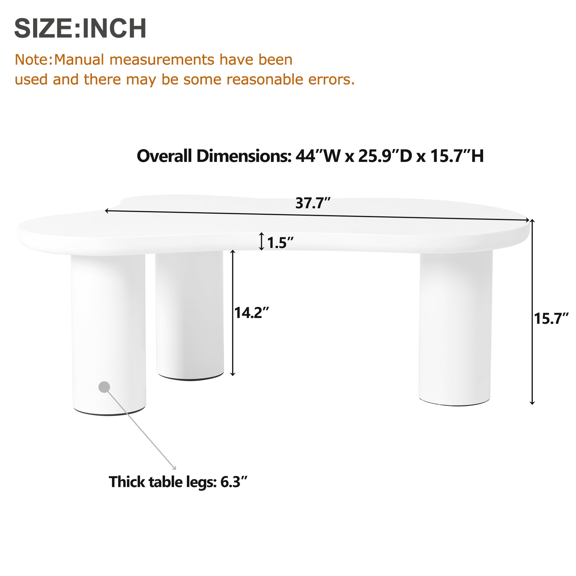 44'' X 25.9'' Easy Assembly Cloud Coffee Table With 1.5'' Thick Tabletop, Cream Style Irregular End Table With 3 Sturdy Legs, Sleek Center Table With Round Edge For Living Room, White White Mdf