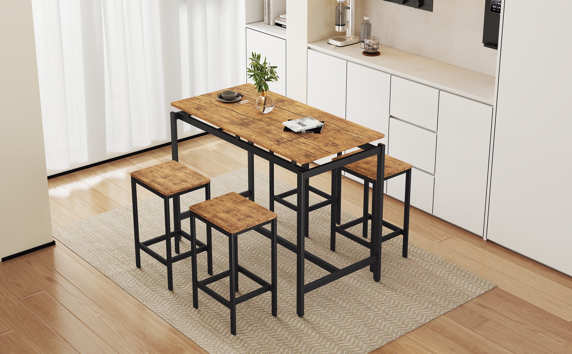 5 Piece Compact Bar Table Set With Table And Stools Modern Industrial Design, Space Saving Furniture For Dining Room And Breakfast Nook Brown Brown Mdf Steel