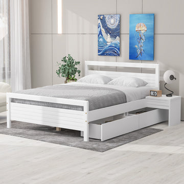 Queen Size Wooden Platform Bed With 2 Storage Drawers And 2 Bedside Tables, White Queen White Pine