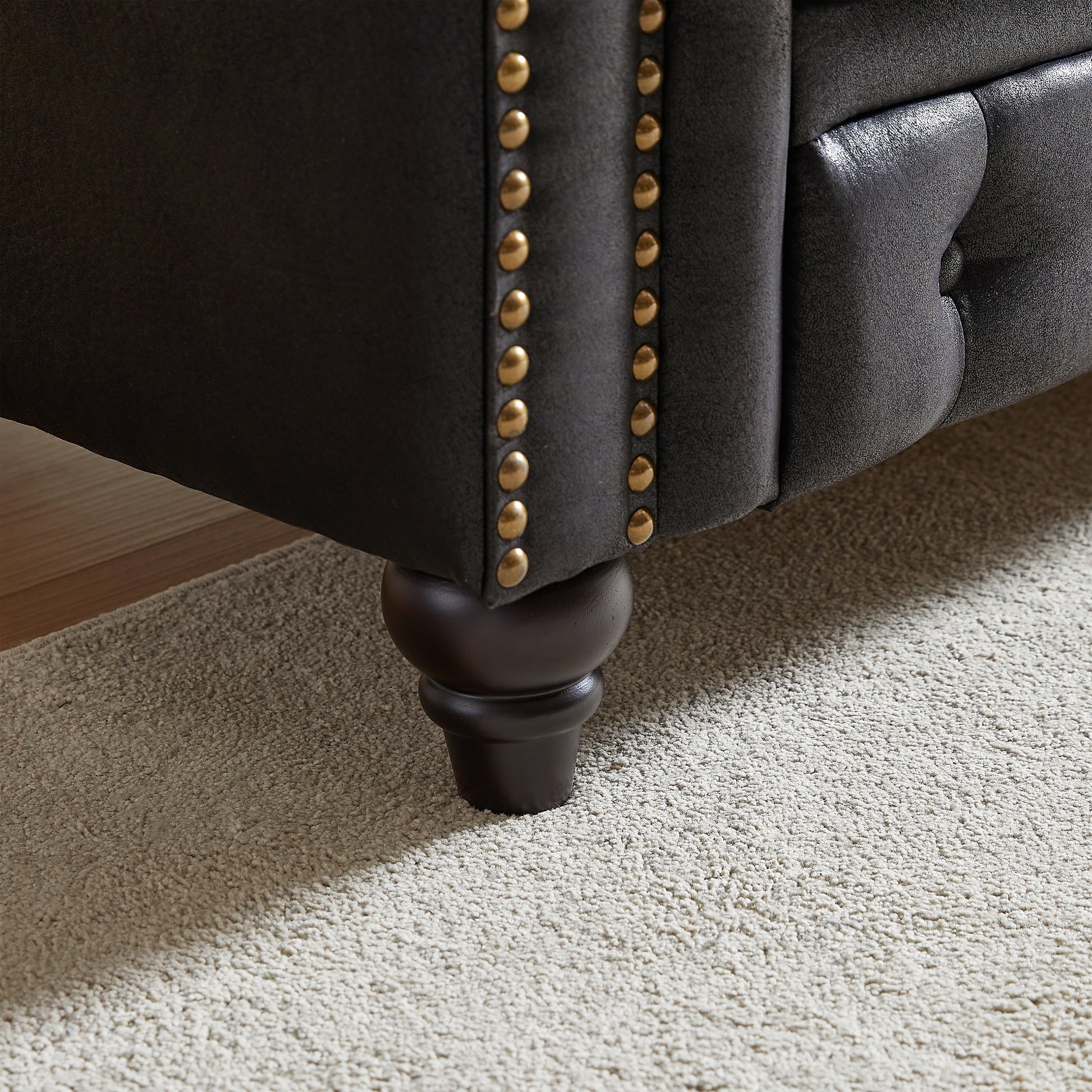 Fx 85.5"Living Room With Tech Fabric Chesterfield Sofa With Rolled Arms 3 Seater Sofa With Button Design And 2 Cushions For Apartment, Office, Living Room Black Wood Primary Living Space Pine Foam Fabric 3 Seat