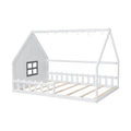 Full Size Wood House Bed With Window And Fence, White Old Sku: Wf304147Aak Box Spring Not Required Full White Wood Bedroom Pine Bed Frame Solid Wood Mdf