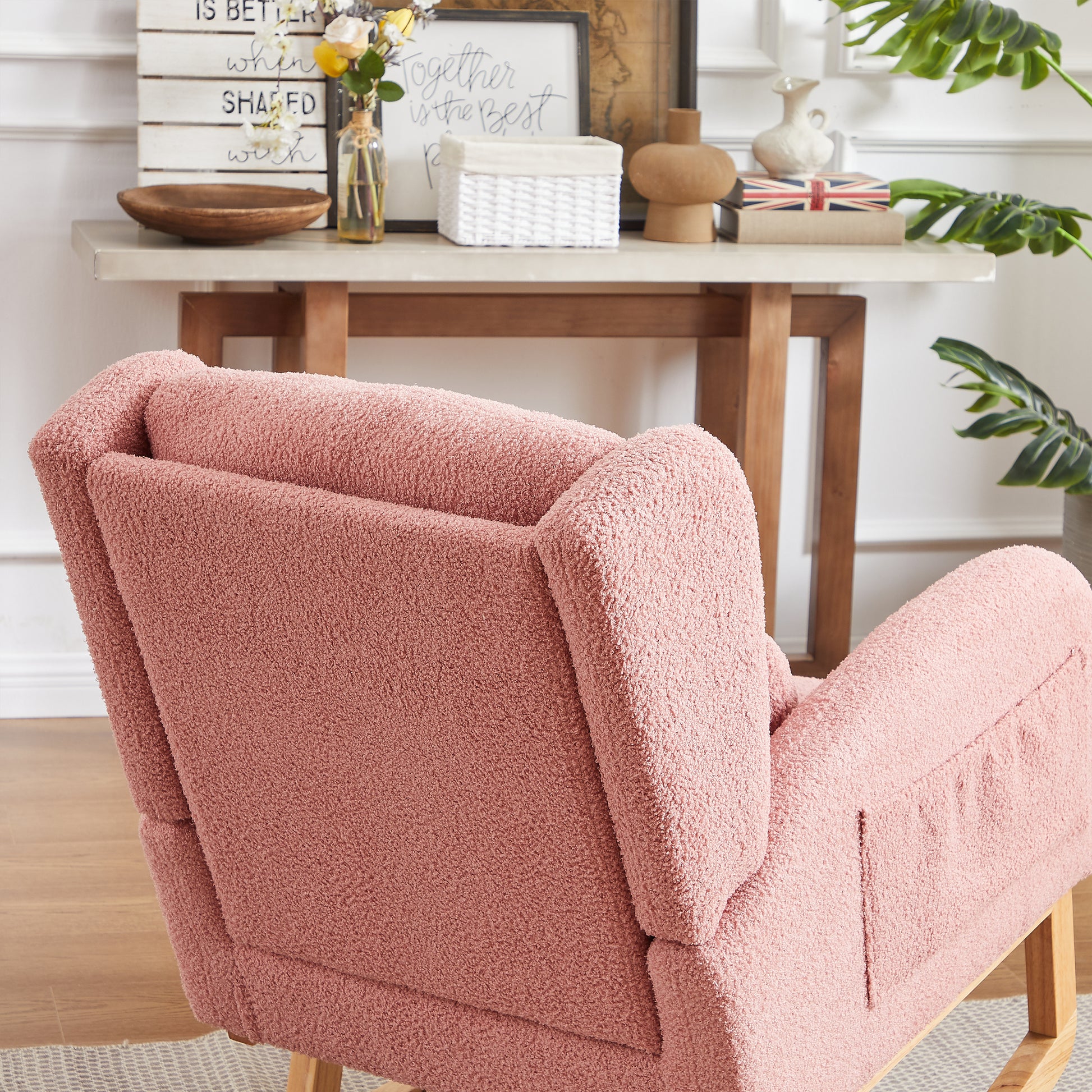 27.2"W Modern Accent High Backrest Living Room Lounge Arm Rocking Chair, Two Side Pocket Pink Foam Fabric