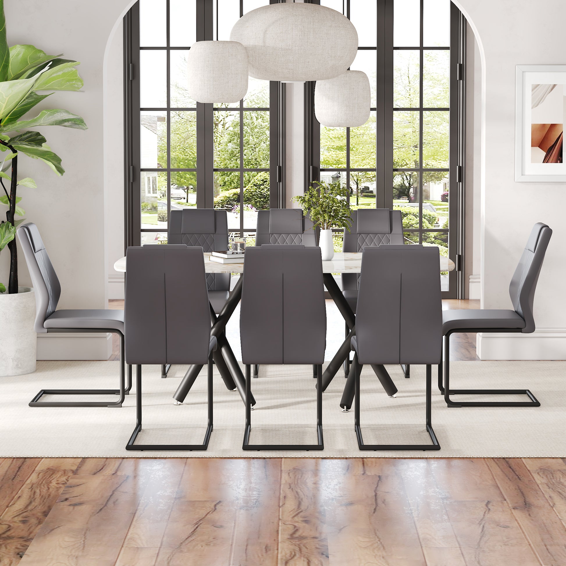 1 Table And 8 Chairs Set.A Rectangular Dining Table With A 0.39 Inch Imitation Marble Tabletop And Black Metal Legs.Paired With 8 Chairs With Pu Leather Seat Cushion And Black Metal Legs.F 1538,C 001 Black Glass Metal