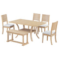 6 Piece Wood Dining Table Set With Storage Shelf And Curved Legs, Kitchen Table Set With Bench And 4 Removable Cushions Dining Chairs, Modern Style, Natural Beige Cushion Wood Dining Room Distressed Finish Rubberwood Rectangular Dining Table With Bench