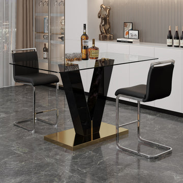 Table And Chair Set. A Rectangular Glass Dining Table With A 0.4 Inch Tempered Glass Tabletop And Mdf Board V Shaped Bracket, Paired With 2 Chairs Consisting Of Pu Seat Cushions And Silver Metal Legs. Black Seats 2 Tempered Glass