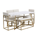 Modern Faux Marble 6 Piece Dining Table Set,60Inch Metal Kitchen Table Set With Upholstered Dining Chairs And Bench, Golden Metal Dining Room Bench Seating Rectangular Dining Table With Chair And Bench Metal Wood Golden Seats 6 60 Inches Farmhouse