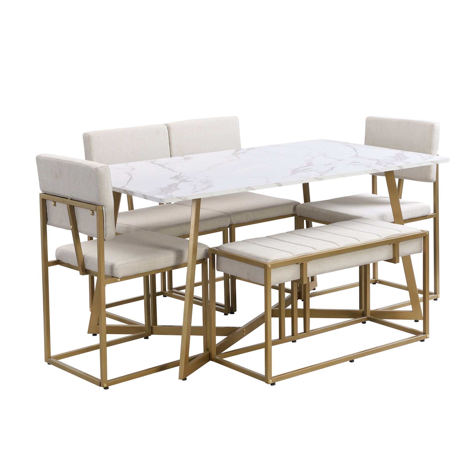 Modern Faux Marble 6 Piece Dining Table Set,60Inch Metal Kitchen Table Set With Upholstered Dining Chairs And Bench, Golden Metal Dining Room Bench Seating Rectangular Dining Table With Chair And Bench Metal Wood Golden Seats 6 60 Inches Farmhouse