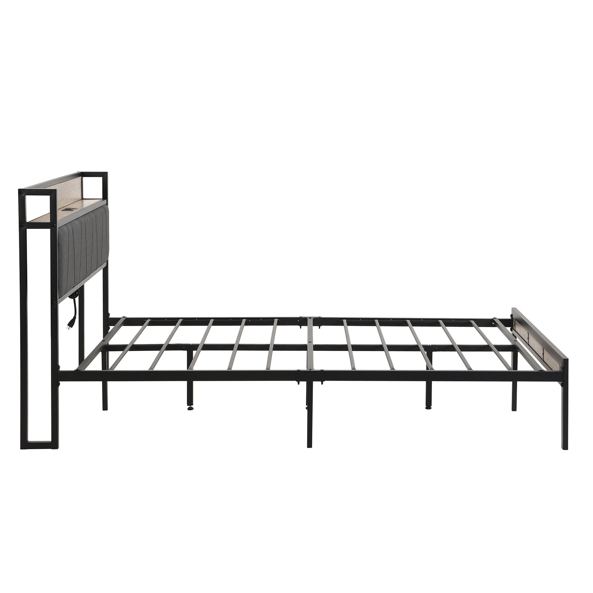 Full Size Metal Platform Bed Frame With Upholstery Storage Function Headboard And Usb Liner And Footboardno Box Spring Needed, Large Under Bed Storage, Easy Assemble Full Beige Black Metal & Wood
