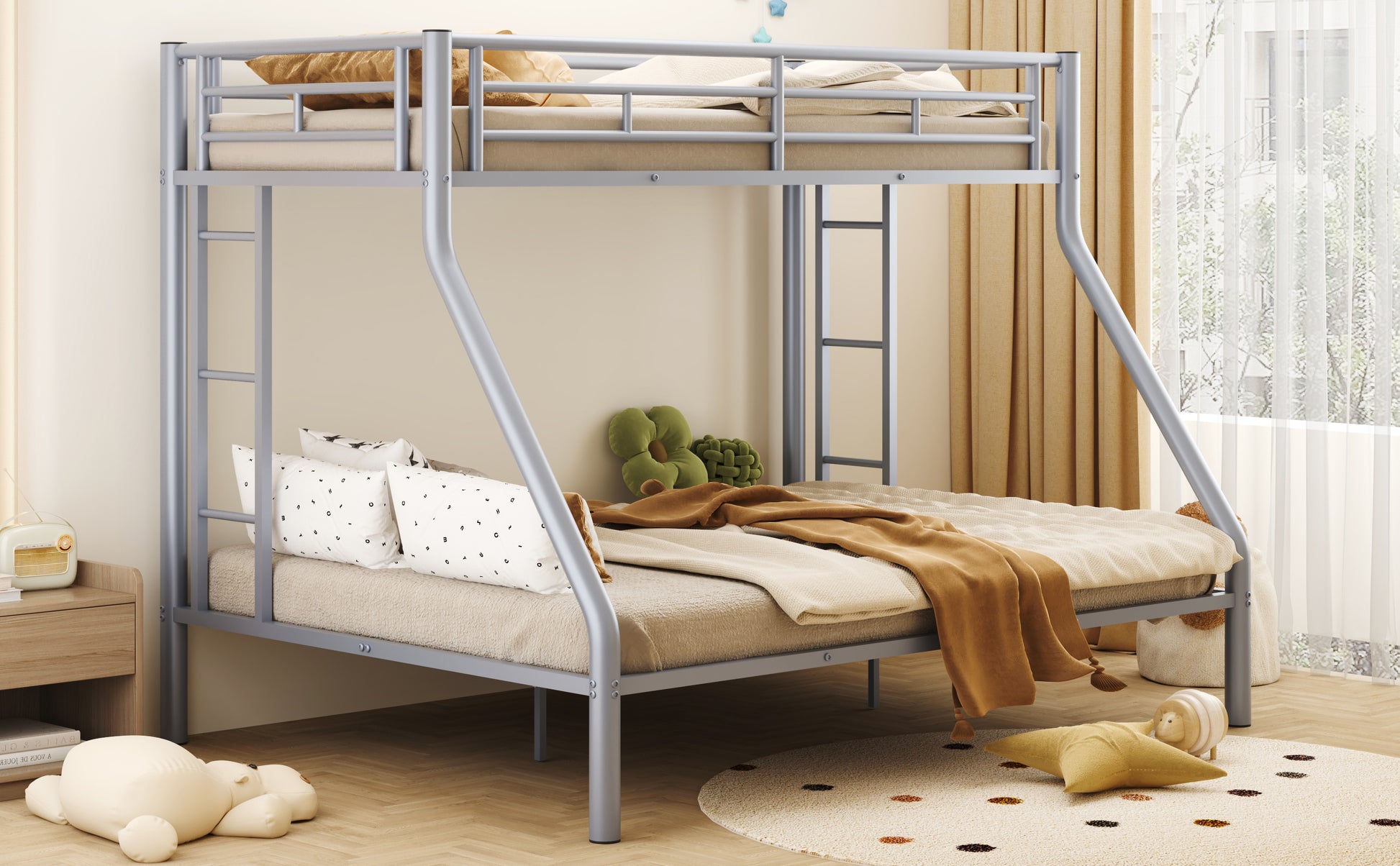 Twin Xl Over Queen Metal Bunk Bed With Ladder And Guardrails, Silver Box Spring Not Required Twin Xl Silver Metal Metal