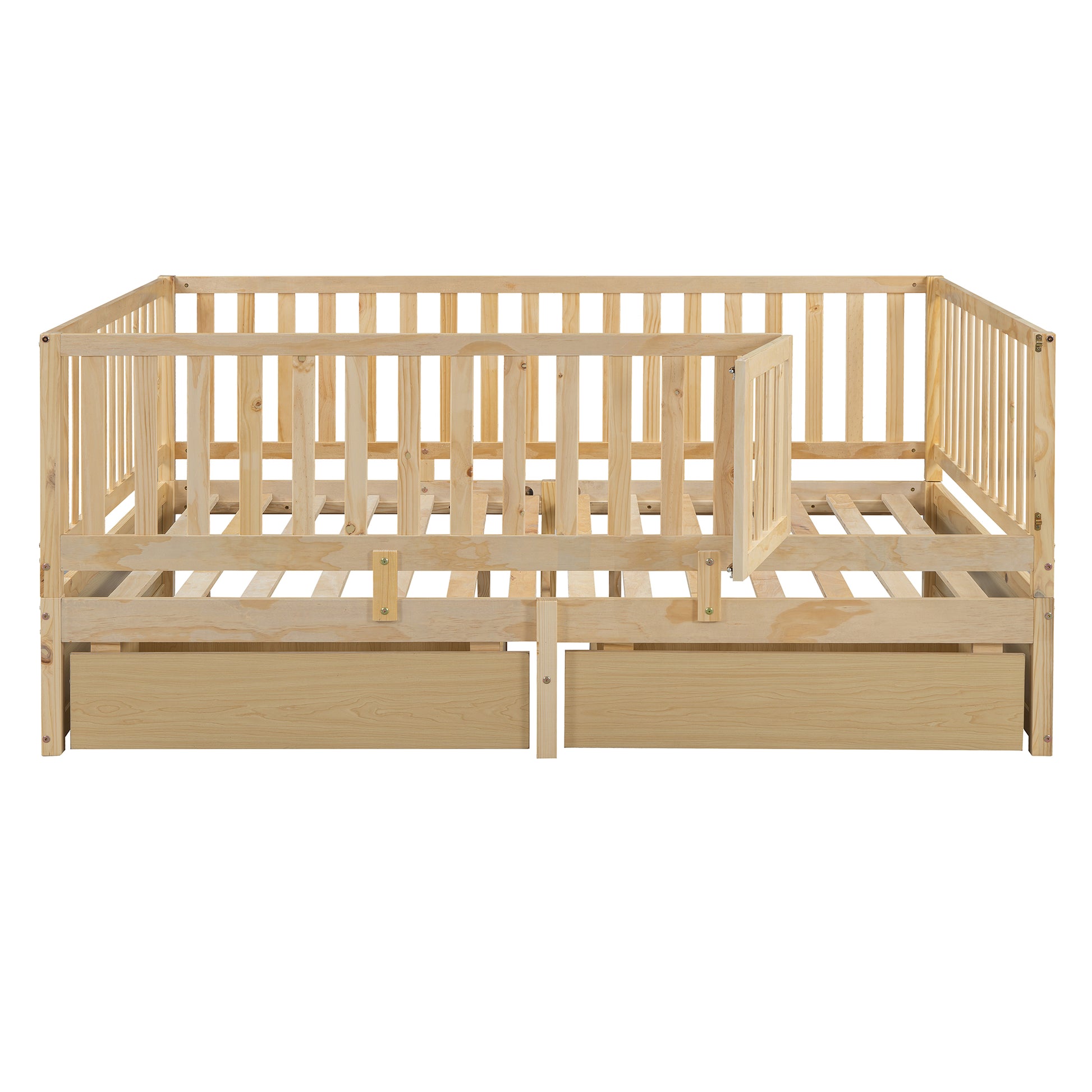 Full Size Wood Daybed With Fence Guardrails And 2 Drawers, Split Into Independent Floor Bed & Daybed, Natural Old Sku :Lp000882Aan Full Natural Solid Wood Mdf