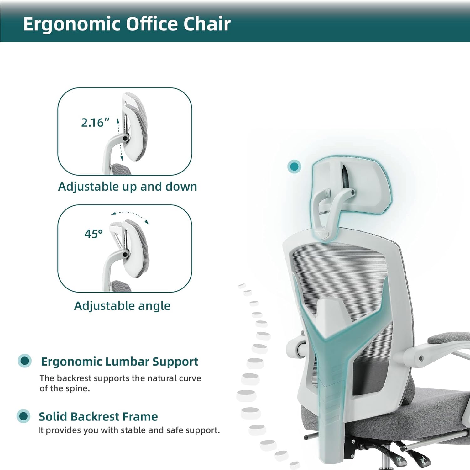 Retractable Footrest Ergonomic Swivel Office Chair With Lumbar Support Pillow And Padded Armrests, Grey Grey Metal