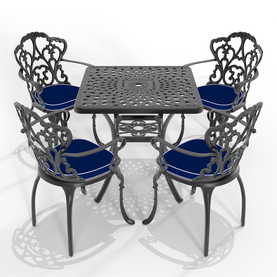 Cushions In Random Colors 5 Piece Set Of Cast Aluminum Patio Furniture With Cushions Yes Dining Set Black Seats 4 Rust Resistant Frame Water Resistant Cushion Garden & Outdoor Complete Patio Sets Aluminium