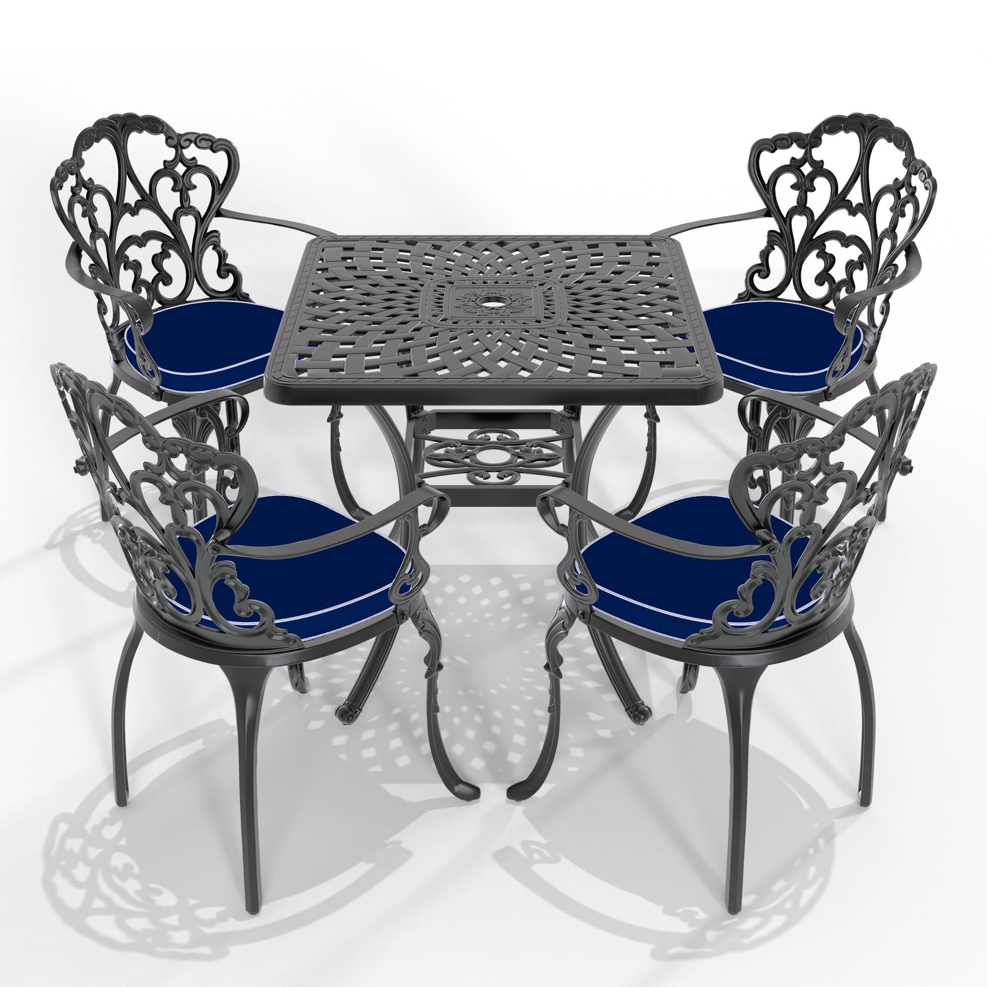 Cushions In Random Colors 5 Piece Set Of Cast Aluminum Patio Furniture With Cushions Yes Dining Set Black Seats 4 Rust Resistant Frame Water Resistant Cushion Garden & Outdoor Complete Patio Sets Aluminium