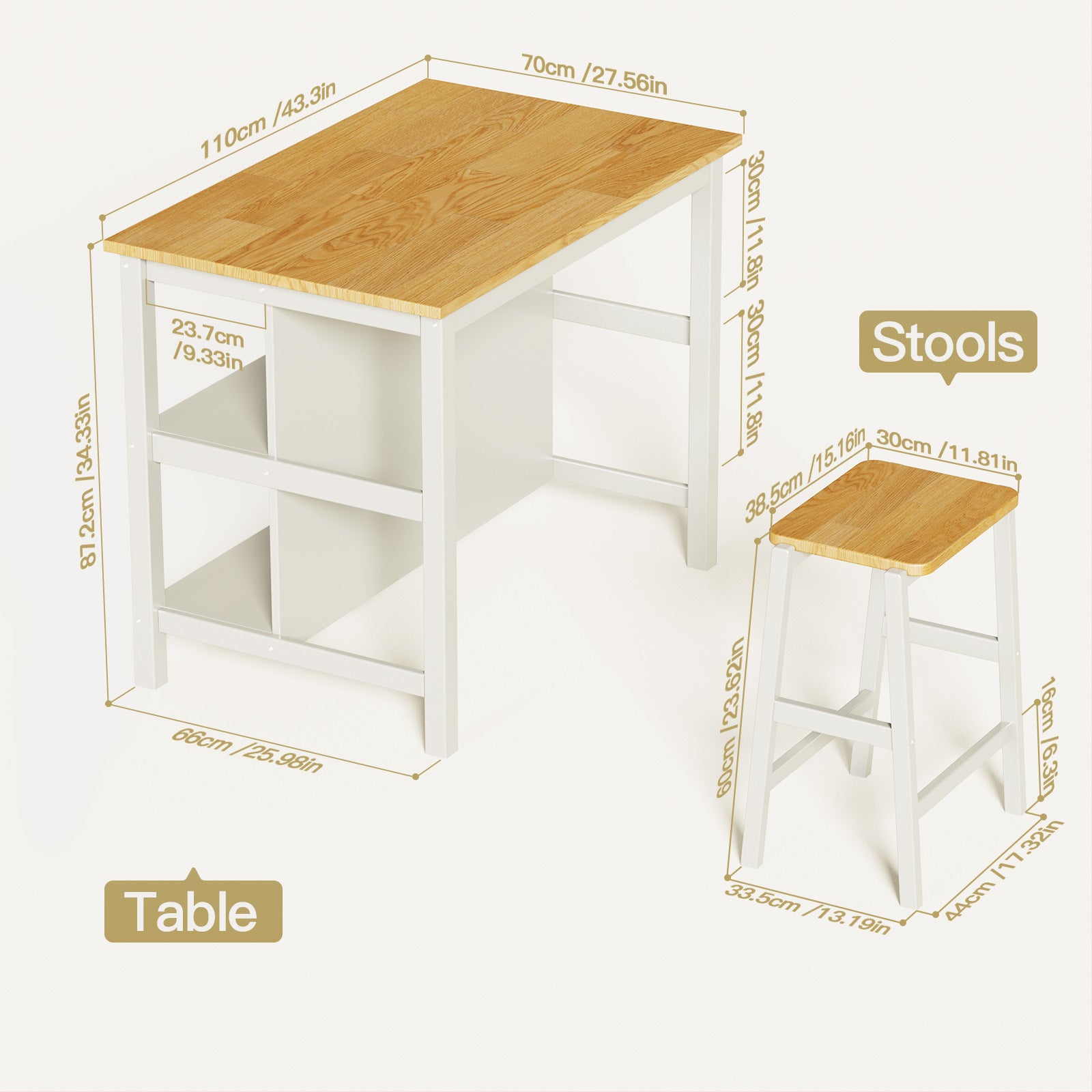 3 Pcs Dining Table Set Rustic Retro Breakfast Table Dining Stools Rubber Wood For 2 With Two Open Shelves For Small Space Kitchen Dining Room Cream White White Rubber Wood