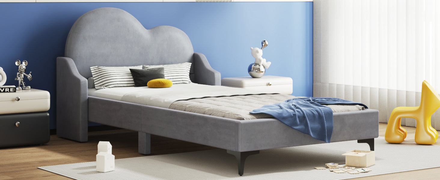 Twin Size Upholstered Platform Bed With Cloud Shaped Headboard, Gray Box Spring Not Required Twin Gray Bedroom Polyester Upholstered