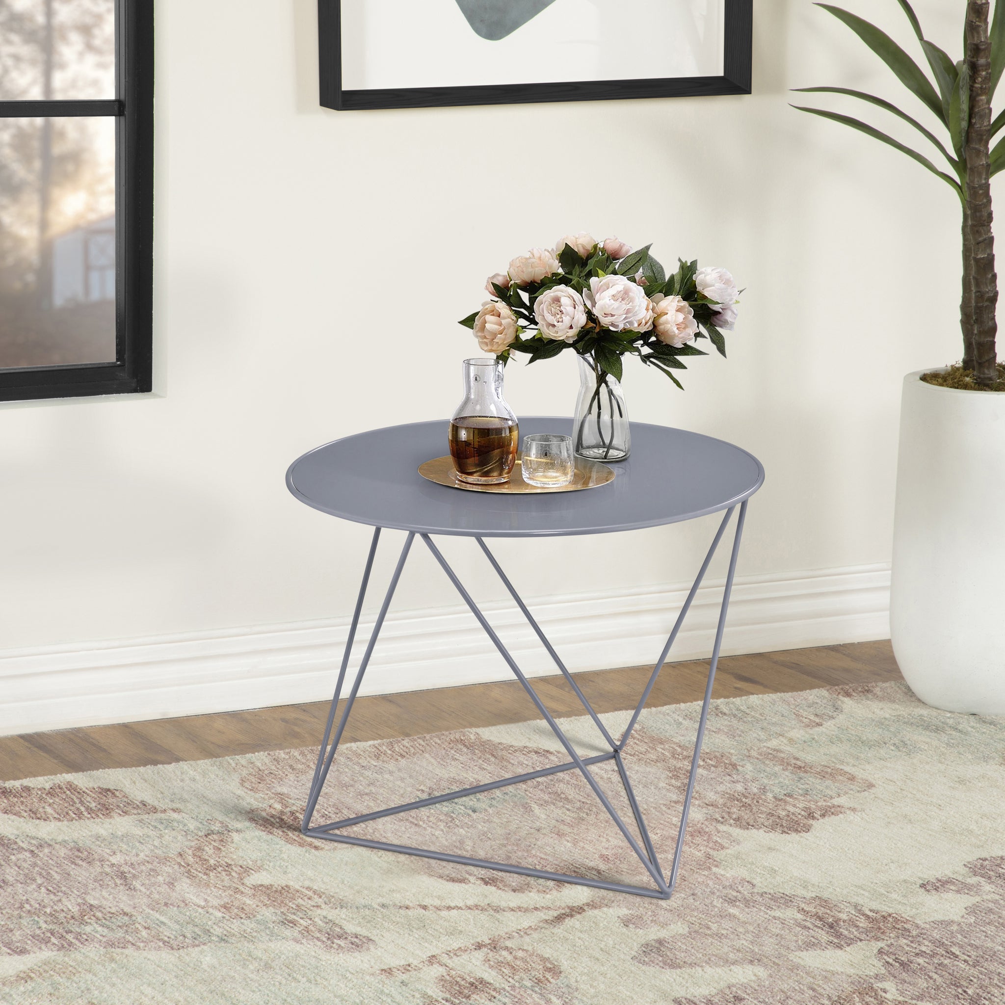 Grey Geometric Metal Base Accent Table Grey Primary Living Space Contemporary Round Metal