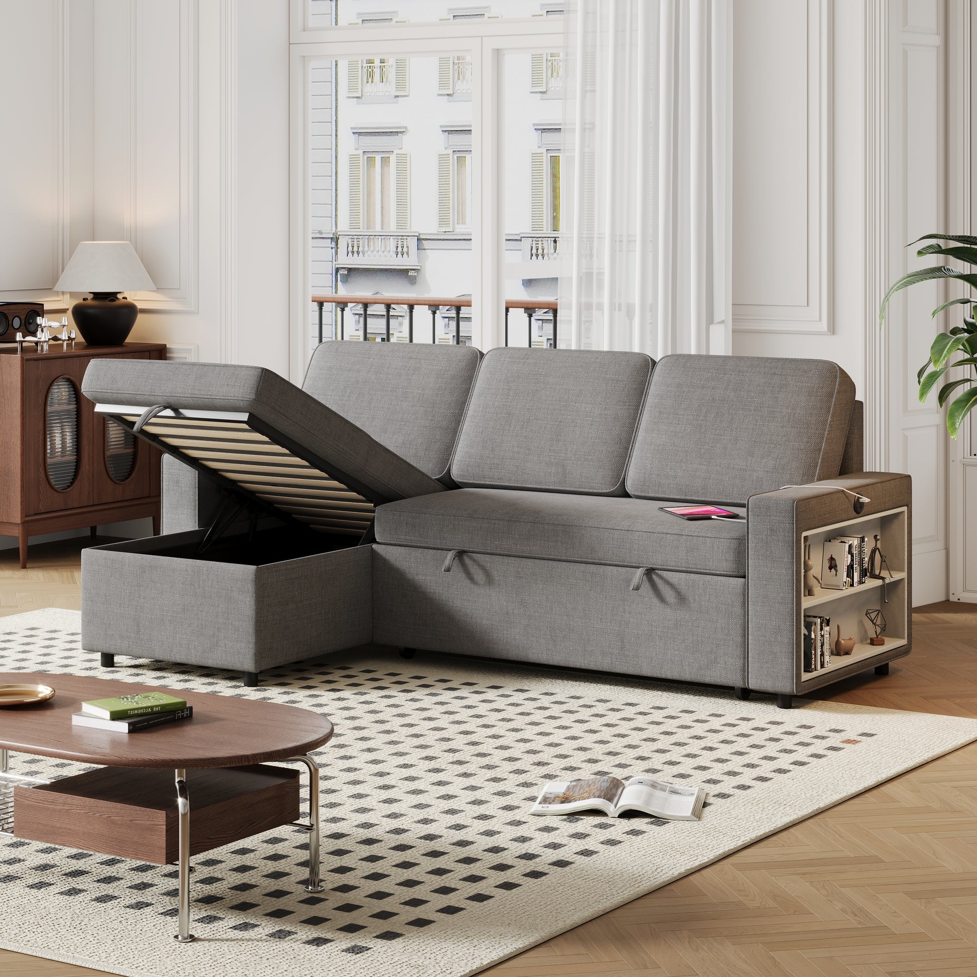 85.8" Pull Out Sleeper Sofa L Shaped Couch Convertible Sofa Bed With Storage Chaise And Storage Racks,With Usb Port And T Pyce Port Dark Grey Fabric 3 Seat