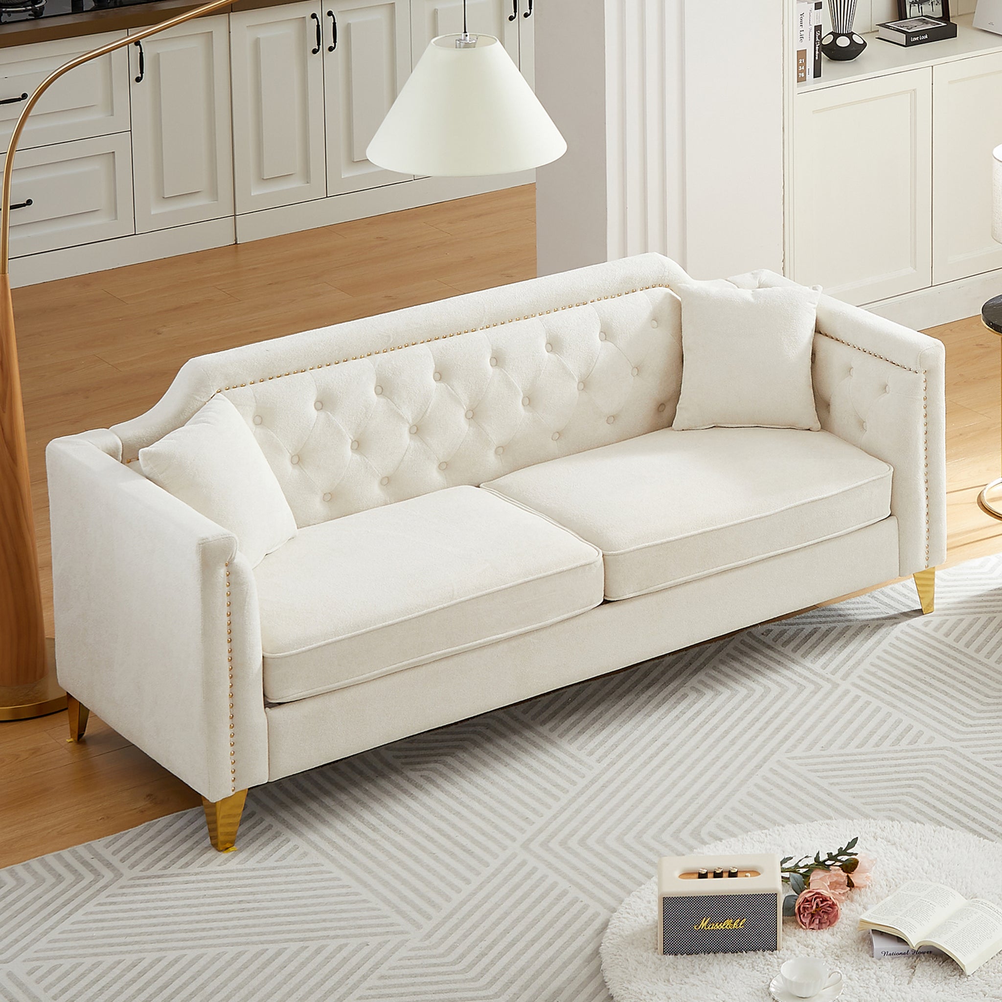 Fx 81"Mid Century Design Modern Sofa,Chenille Pull Buckle Design Sofa For Living Room,Buttons Tufted With Copper Nail Decoration Armrest, With 2 Pillows,Modern Couch Upholstered Button And Metal Leg Beige Chenille Pine Foam Fabric 3 Seat