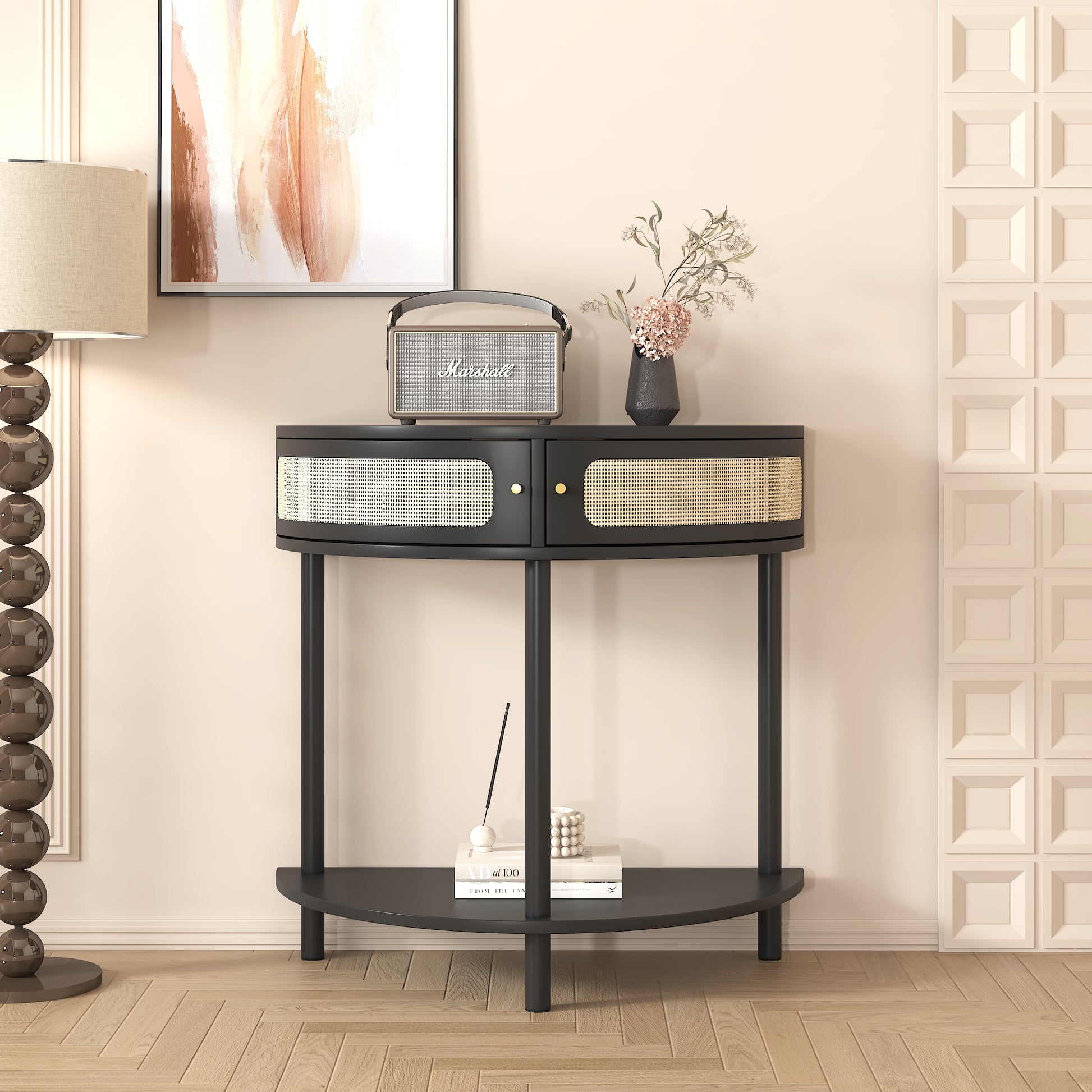 Unique Half Moon Design End Table With Rattan Door,Elegant Semicircle Sofa Side Table With 2 Rattan Storage Cabinet And Bottom Shelf For Living Room, Bedroom Black Primary Living Space Boho Freestanding Semicircular Drawers Coffee & End Tables Polished