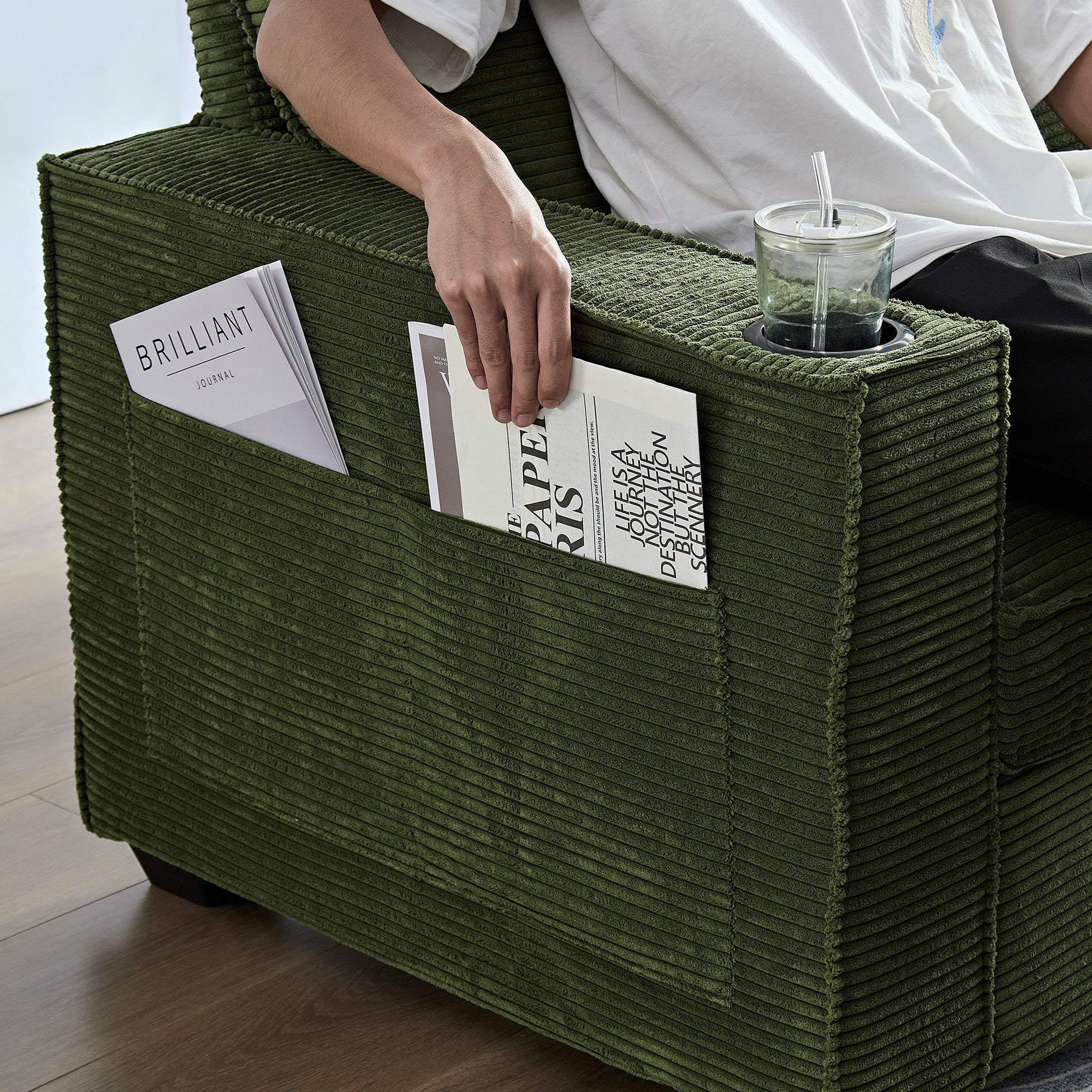 Corduroy Sofa, 87.4 Inch Modern Design Sofa With Cup Holder And Storage Bags, Deep Seat Sofa Couch,Comfy Couch For Living Room,Apartment,Green Green Corduroy 3 Seat