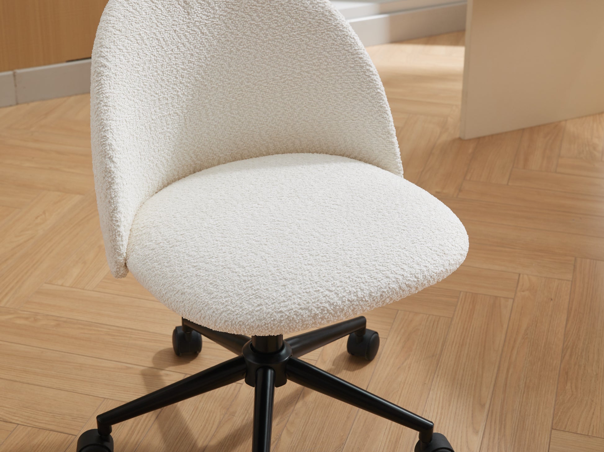 White Boucle Office Chair Desk Chair, Mid Back Adjustable Swivel Computer Chair With Black Legsmodern Upholstered Desk Chair With Wheels White Black Foam Polyester Blend