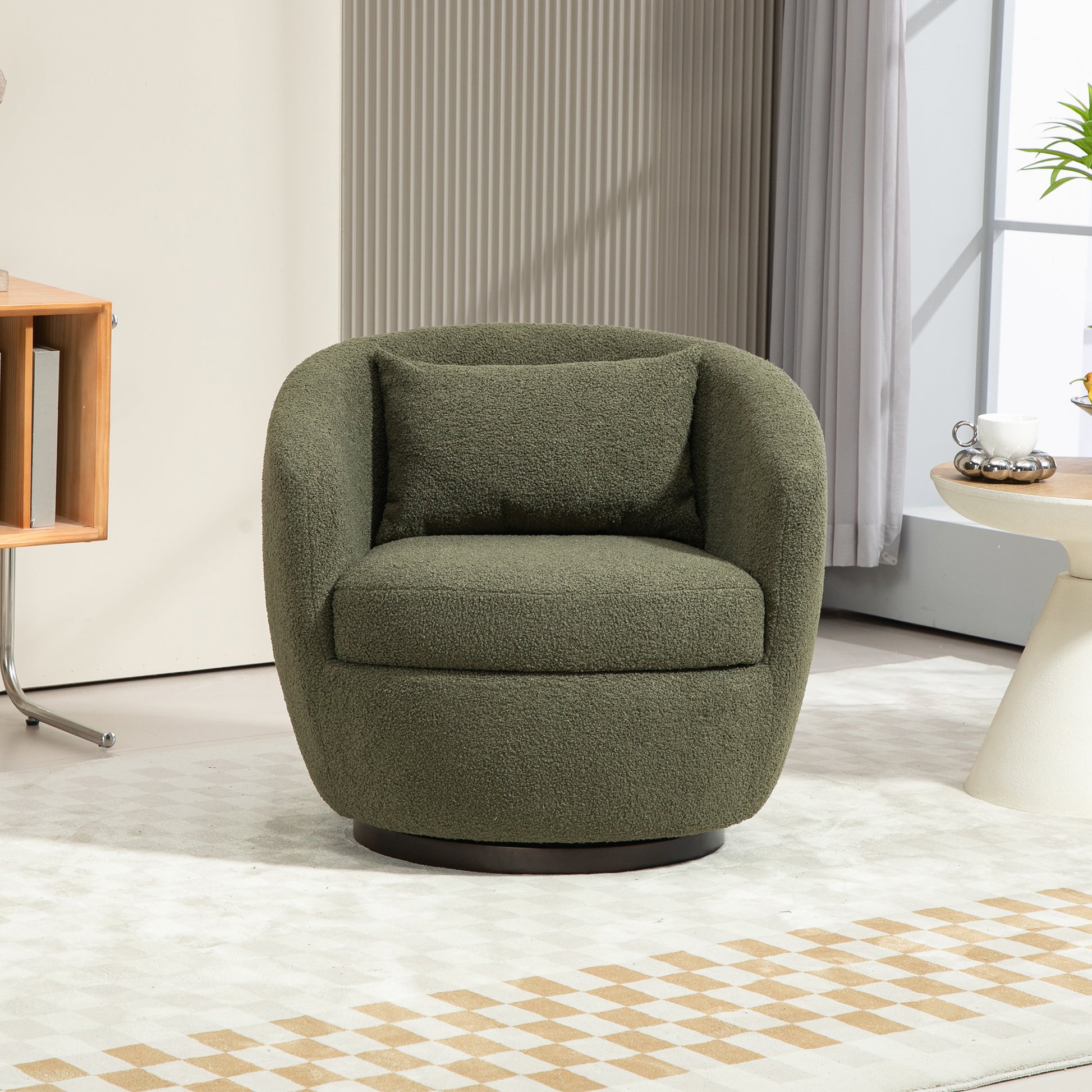 Upholstered Swivel Barrel Armchair With Storage Modern Living Room Side Chair For Bedroom Office Reading Spaces Teddy Fabric Dark Green Dark Green Foam Upholstered