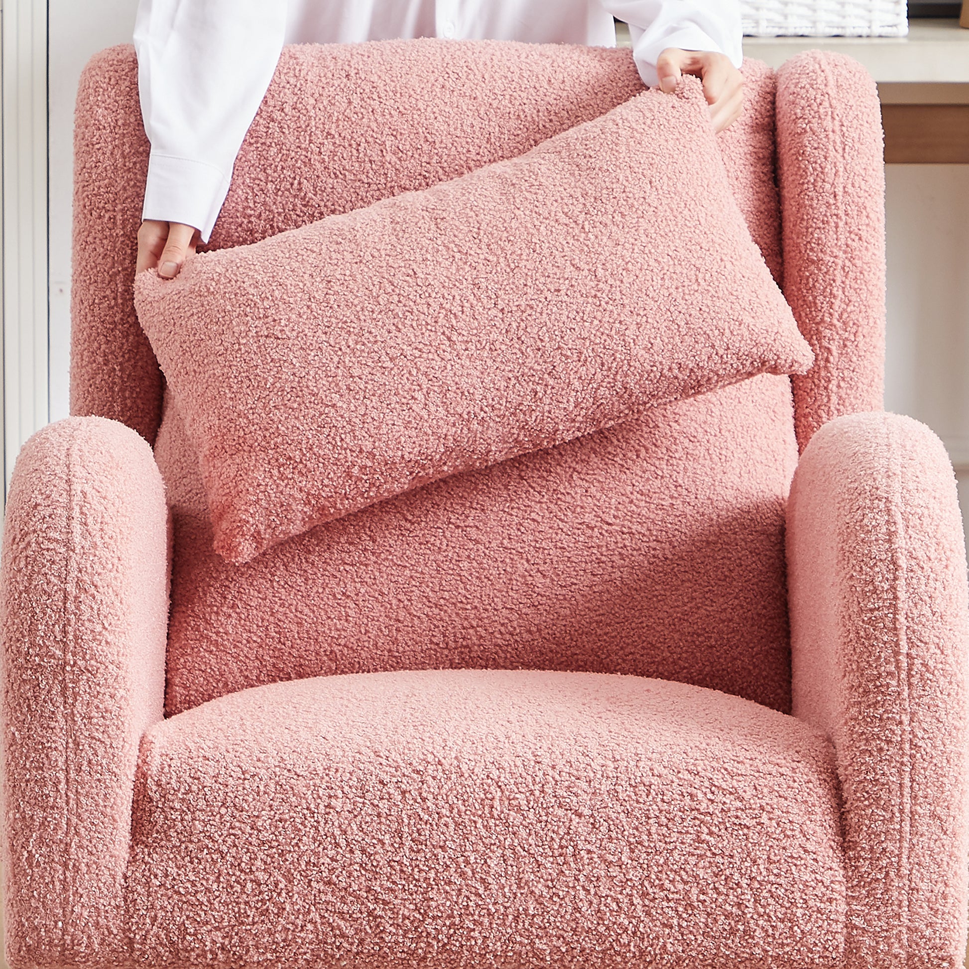 27.2"W Modern Accent High Backrest Living Room Lounge Arm Rocking Chair, Two Side Pocket Pink Foam Fabric