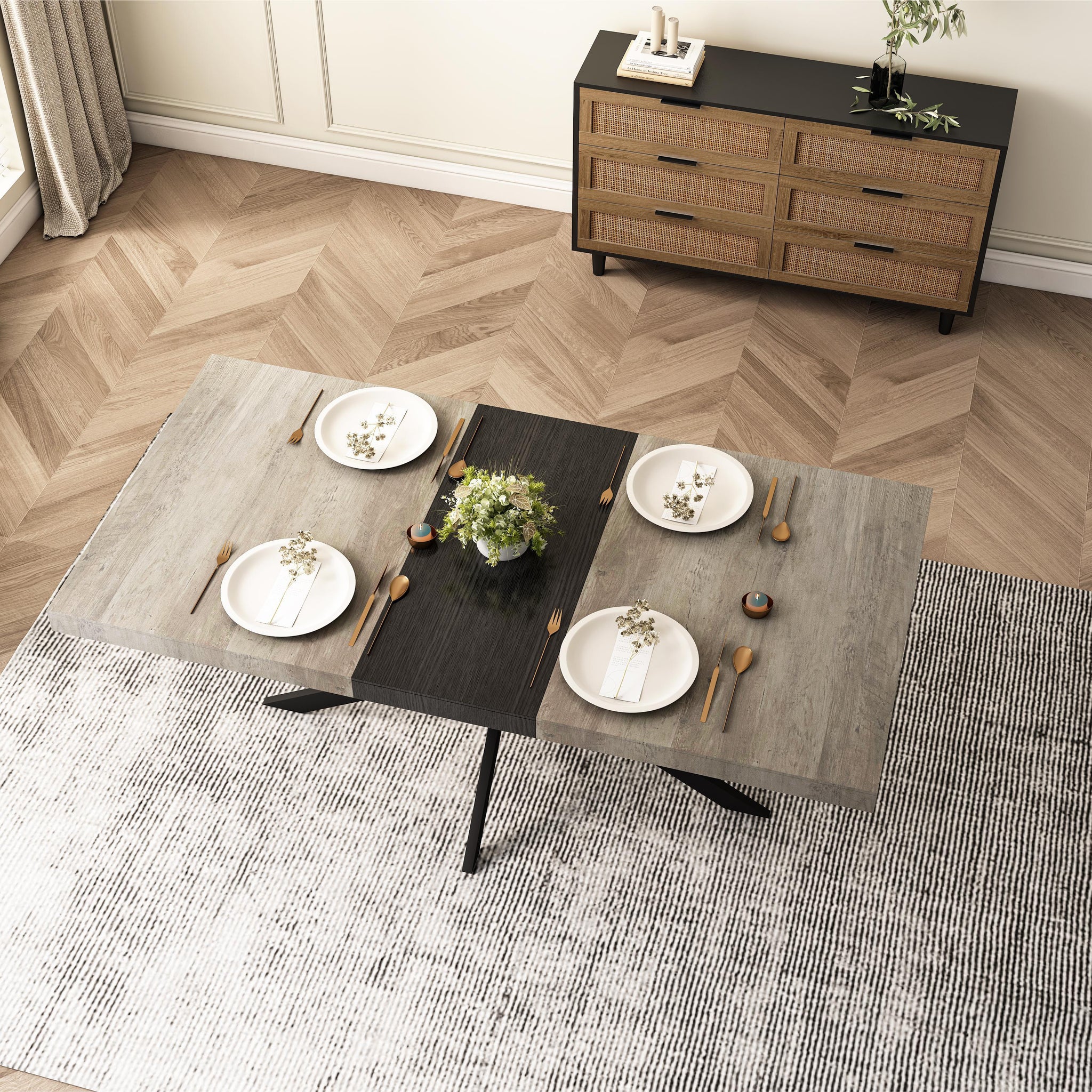 55.11'' 70.86"Retro Rectangular Stretch Dining Table, Grey Carole Top With Black Embossed Center Plate, Black Fine Sand Cross Iron Foot Base Dining Table, With Storage Box. Grey Seats 6 Rectangular Mdf Metal