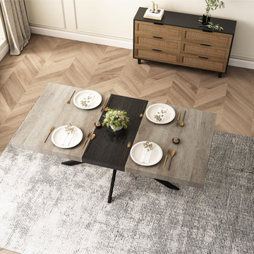 55.11'' 70.86"Retro Rectangular Stretch Dining Table, Grey Carole Top With Black Embossed Center Plate, Black Fine Sand Cross Iron Foot Base Dining Table, With Storage Box. Grey Seats 6 Rectangular Mdf Metal