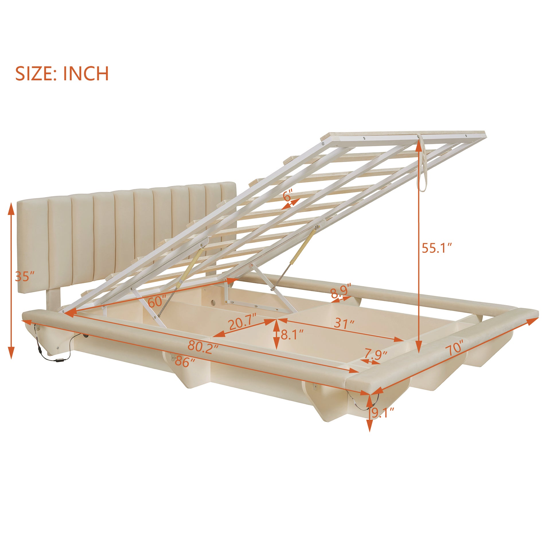 Queen Size Upholstered Floating Bed With Led Light And Usb Port, Velvet, Beige, Hydrualic Platform Bed Queen Beige Velvet