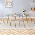 Table And Chair Set.Modern Rectangular Glass Dining Table With Tempered Glass Countertop And Golden Metal Legs, Paired With Multiple Transparent High Quality Pet Dining Chairs With Golden Legs. Gold Seats 6 Tempered Glass