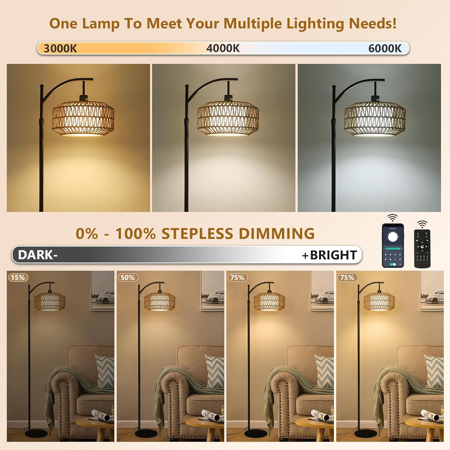 Arc Floor Lamps For Living Room, Dimmable Rattan Floor Lamp With Remote & Led Bulb, Mid Century Modern Standing Lamp With Double Shades, Boho Farmhouse Tall Pole Lamps For Bedroom Office Brown Black Rattan Metal