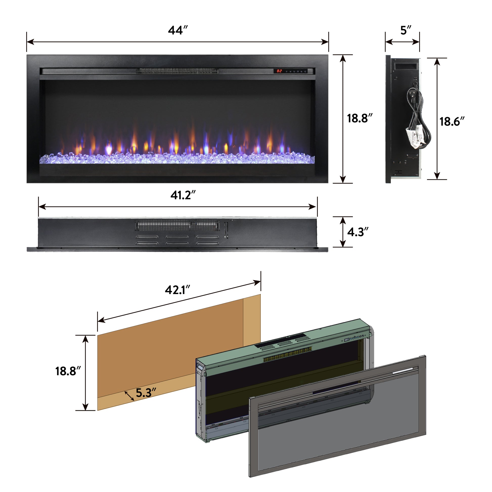 44 Inch In Wall Recessed Electric Fireplace With Remote And Multi Color Flame & Emberbed, Led Light Heater Powder Coated Electric Antique Black Vent Free Yes Insert Tempered Glass Sheet Metal