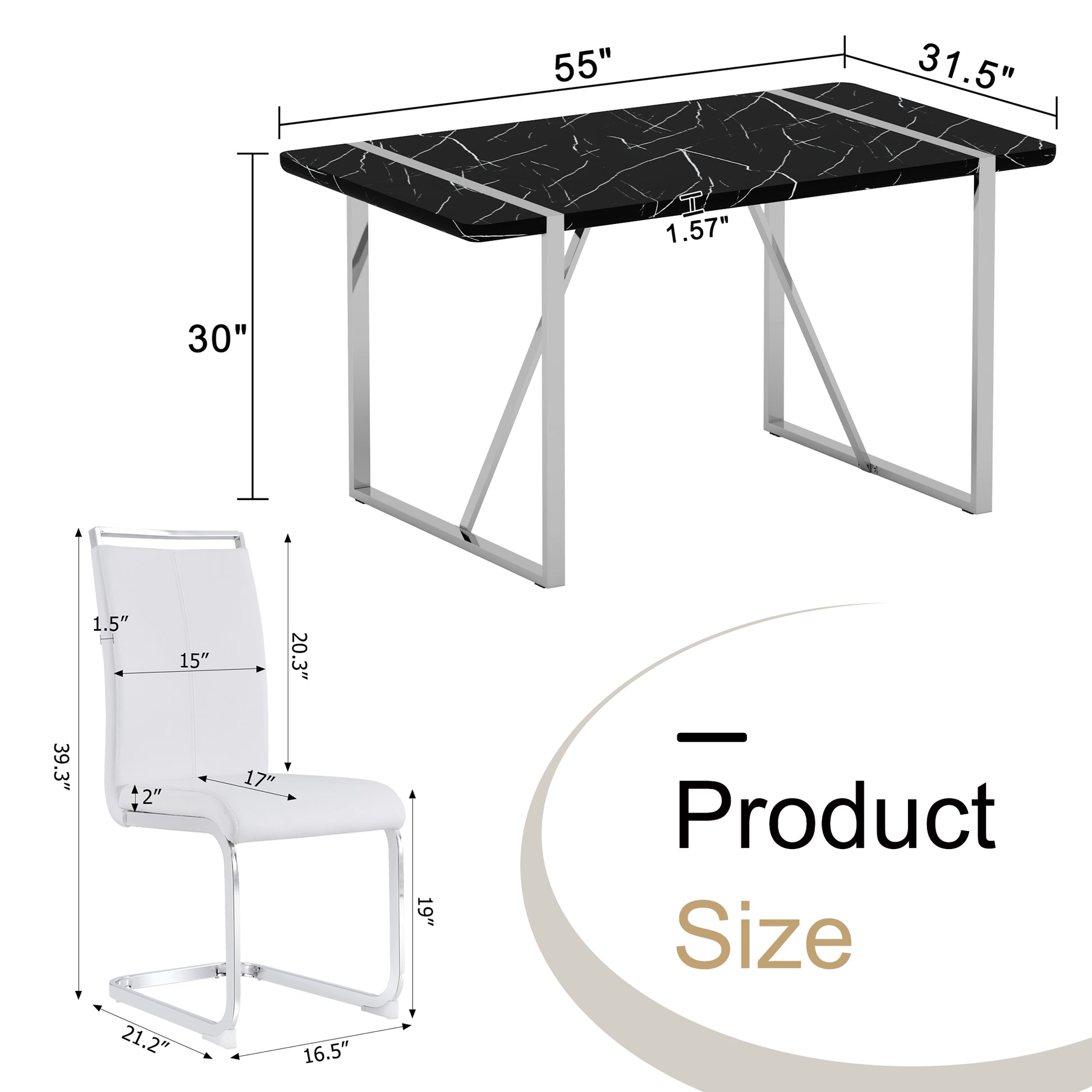 Table And Chair Set.A Rustic Industrial Rectangular Mdf Black Dining Table With Mdf Desktop And Electroplated Silver Metal Legs.Paried With 6 Chairs With Pu Cushion And Metal Legs. White Black Seats 6 Mdf Metal
