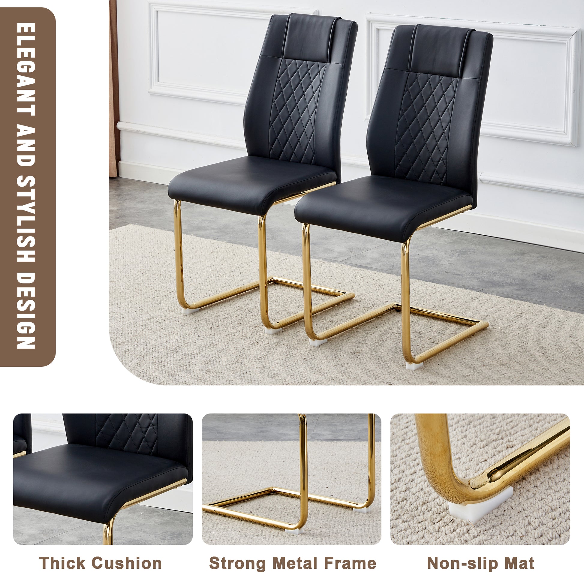 Table And Chair Set.The Table Has A Glass Tabletop With Imitation Marble Pattern Stickers And Stainless Steel Golden Table Legs. Paried With Comfortable Chairs With Pu Seats And Metal Legs. White Gold Seats 6 Glass Metal