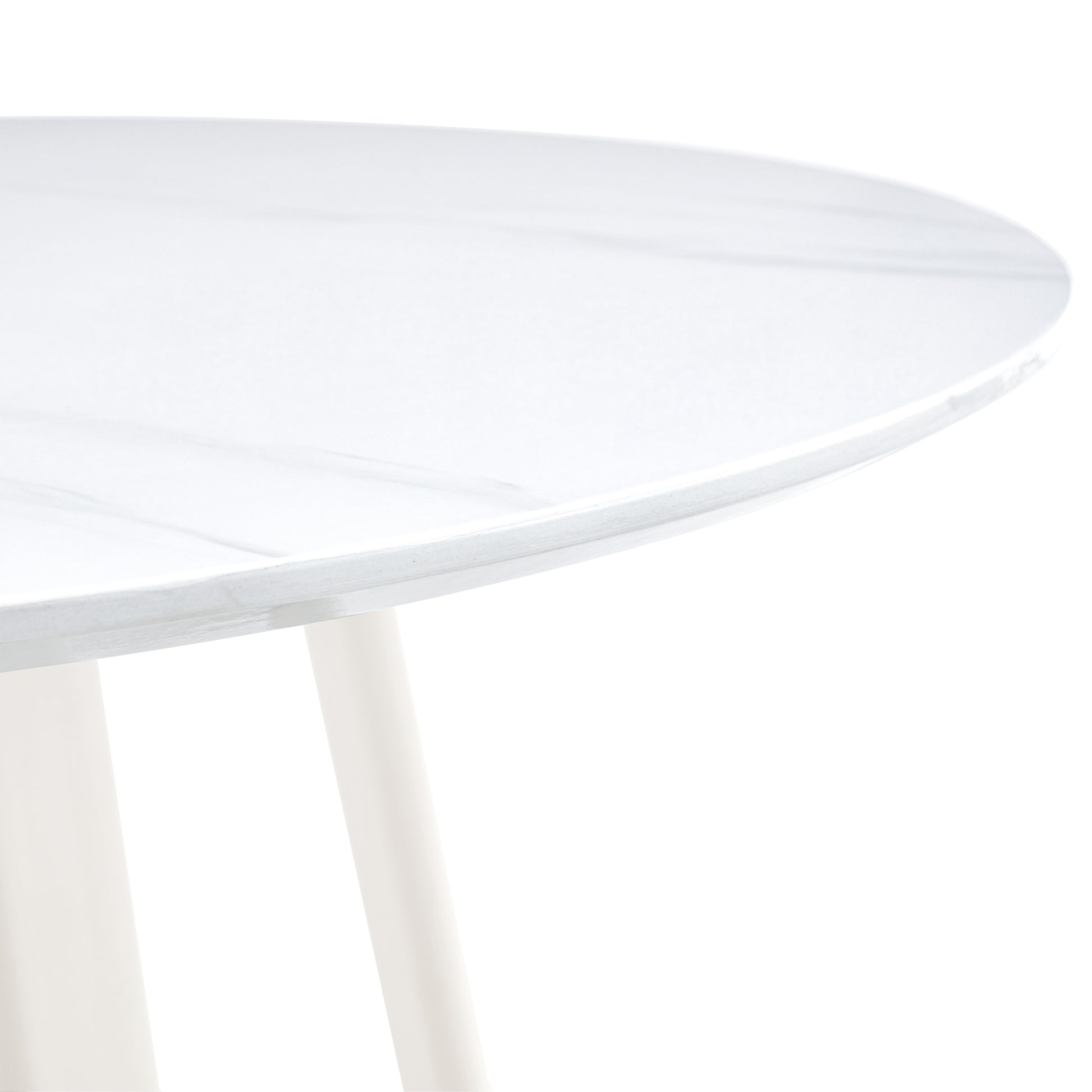 A Modern Minimalist Circular Dining Table With A 42 Inch Diameter White Patterned Tabletop And White Metal Legs. Suitable For Restaurants, Living Rooms, And Conference Rooms. White Mdf Metal