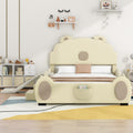 Full Size Upholstered Platform Bed With Piglet Shape Headboard And Children'S Slide, Beige Box Spring Not Required Full Beige Wood Bedroom Bed Frame Faux Leather Upholstered