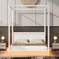 Queen Size Wood Led Canopy Bed ,Canopy Platform Bed With Support Slats, No Box Spring Needed, White Queen White Plywood