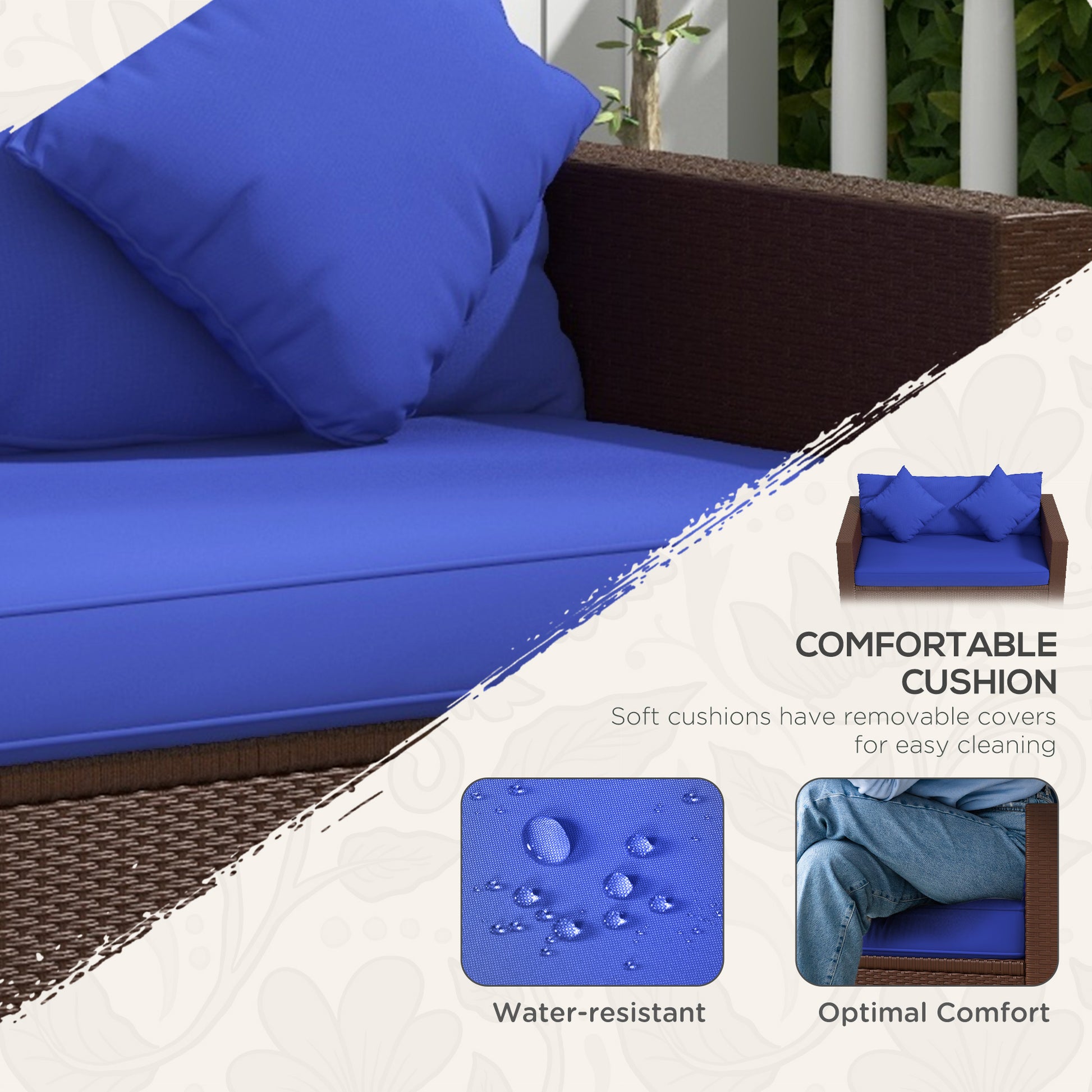 Outsunny Patio Wicker Loveseat With Cushions, 2 Seat Outdoor Pe Rattan Couch Sofa With Throw Pillows, For Porch, Backyard, Garden, Poolside, Blue Dark Blue Rattan Metal