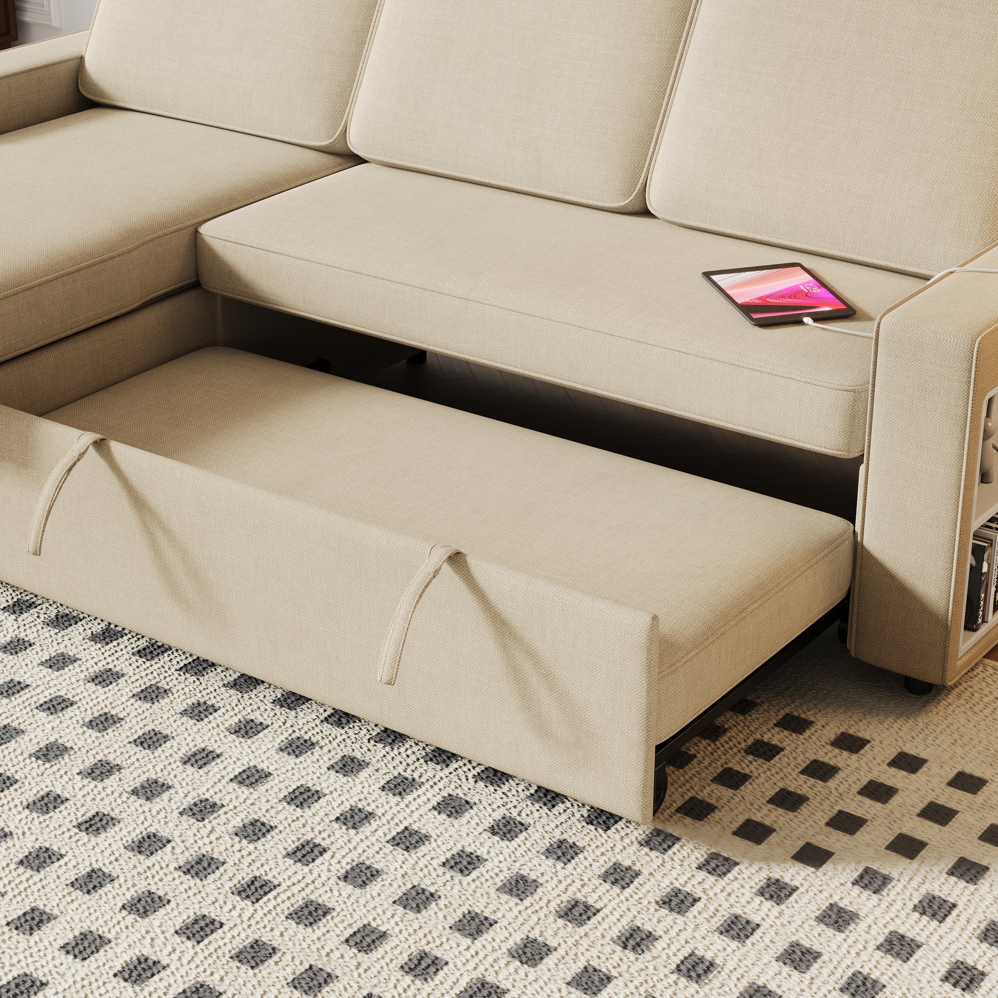 85.8" Pull Out Sleeper Sofa L Shaped Couch Convertible Sofa Bed With Storage Chaise And Storage Racks,With Usb Port And T Pyce Port Beige Fabric 3 Seat