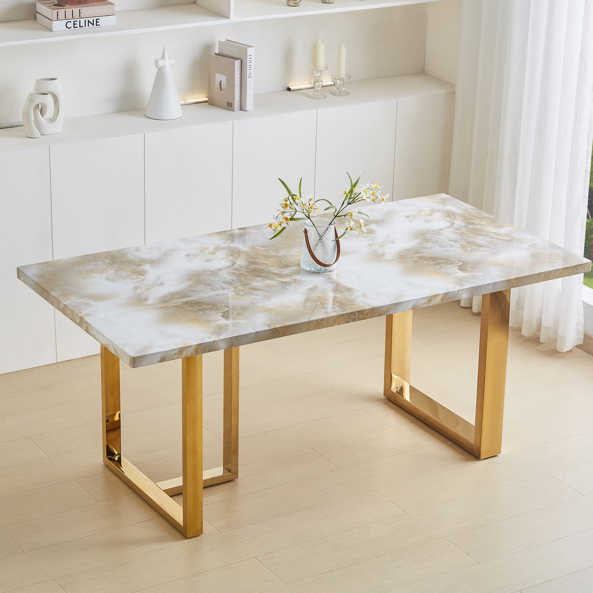 Luxurious Faux Marble Mdf Dinning Table For 6 Or 8, Rectangular 70.9"L*35.4"W*29.8"H, Thick And Solid Stainless Steel Legs, Durable Sturdy, Easy To Assemble, For Kitchen Living Room Office, White White Gold Ergonomic Kitchen