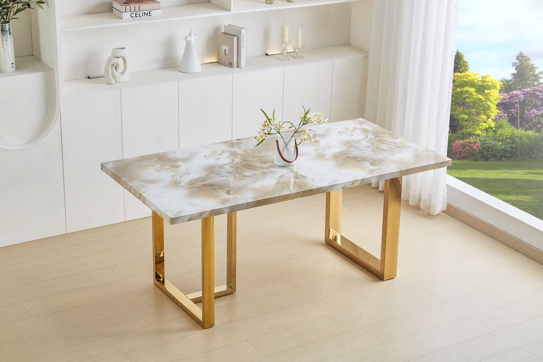 Luxurious Faux Marble Mdf Dinning Table For 6 Or 8, Rectangular 70.9"L*35.4"W*29.8"H, Thick And Solid Stainless Steel Legs, Durable Sturdy, Easy To Assemble, For Kitchen Living Room Office, White White Gold Ergonomic Kitchen