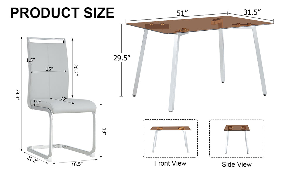 1 Table And 4 Chairs, Brown Tempered Glass Tabletop And Silver Metal Legs, Modern Minimalist Style Rectangular Glass Dining Table, Paired With 4 Modern Silver Metal Leg Chairs. 1123C 1162 Brown Seats 4 Glass