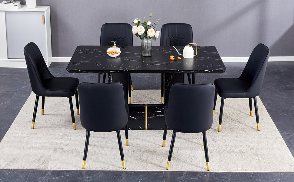 Table And Chair Set.This Modern Dining Table With Mdf Marbled Design Gives You A Luxurious And Elegant Feel.Paired With Multiple Chairs With Pu Artificial Leather Backrest Cushions And Black Legs. Black Seats 6 Mdf