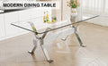 Dining Table. Modern Tempered Glass Dining Table. Large Modern Office Desk With Silver Plated Metal Legs And Mdf Crossbars, Suitable For Both Home And Office Use. Kitchen. 71 ''X35.4''X30 '' 1105 Transparent Glass